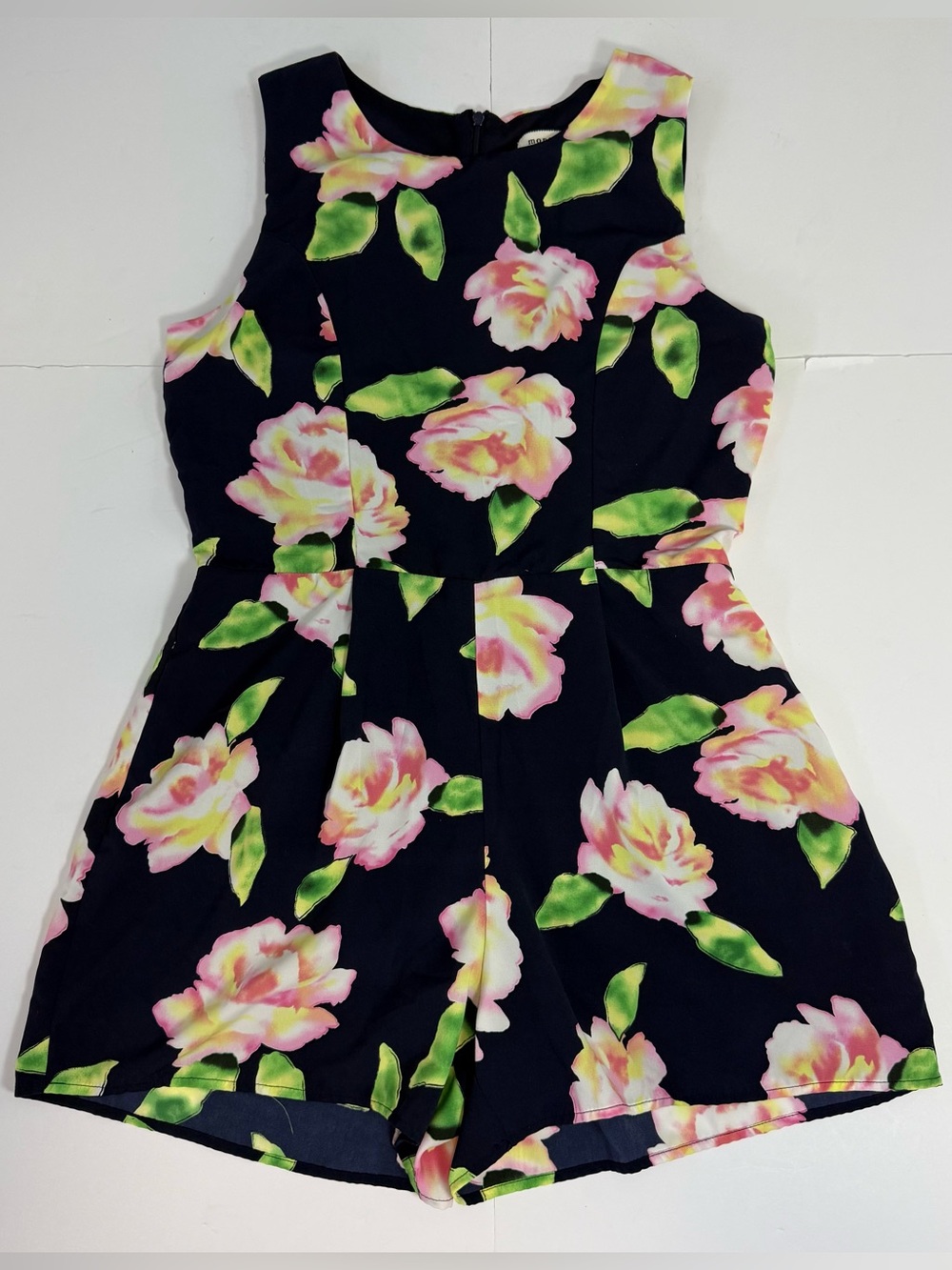 Monteau Navy Floral Romper with Pink & Green Accents